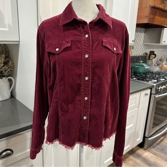 No Boundaries Tops - No Boundaries Burgundy Western Corduroy Pearl Snap Cropped Shirt Shacket Top XL